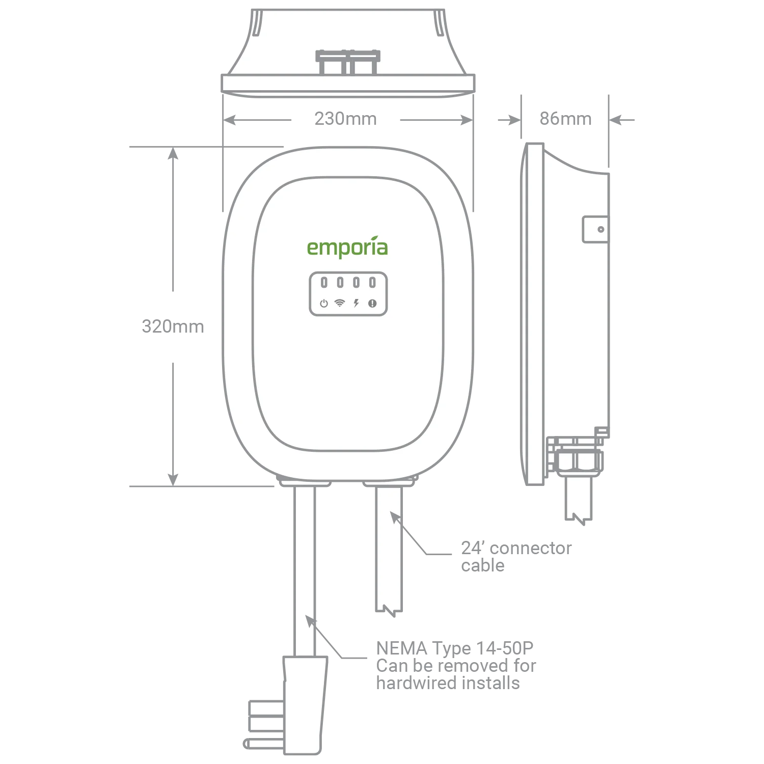 EMPORIA EV CHARGER WHITE | ENERGY STAR | UL LISTED | 48 AMP | 24' CABLE | 22" NEMA 14-50